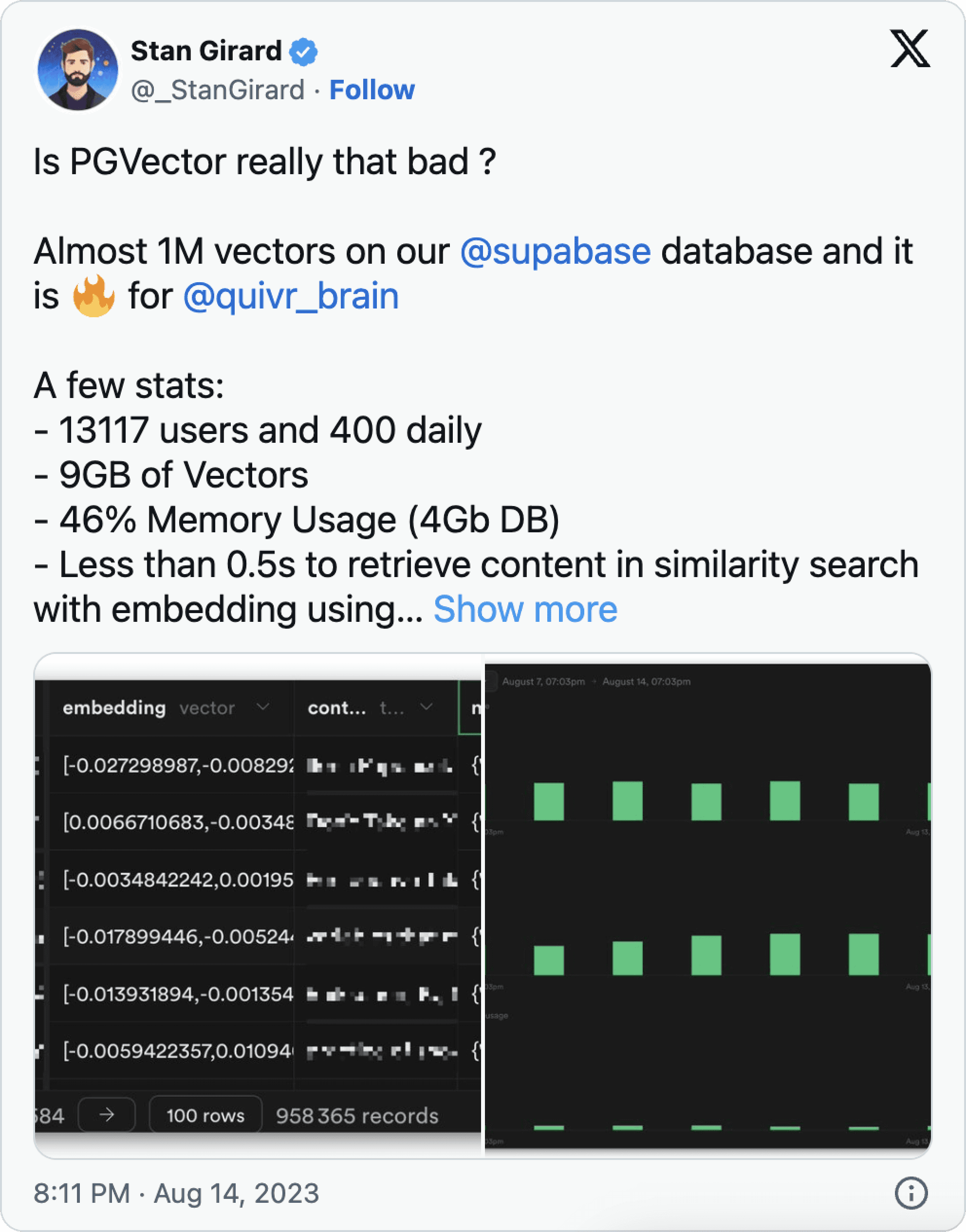 tweet about quivr getting to almost 1M vectors with Supabase